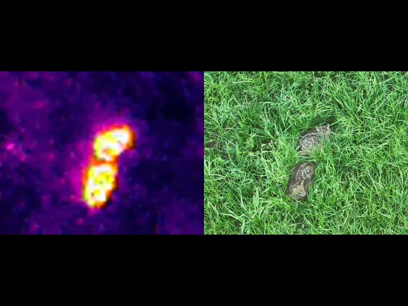 Thermal and visible-light camera images of two roe deer fawns in tall grass
