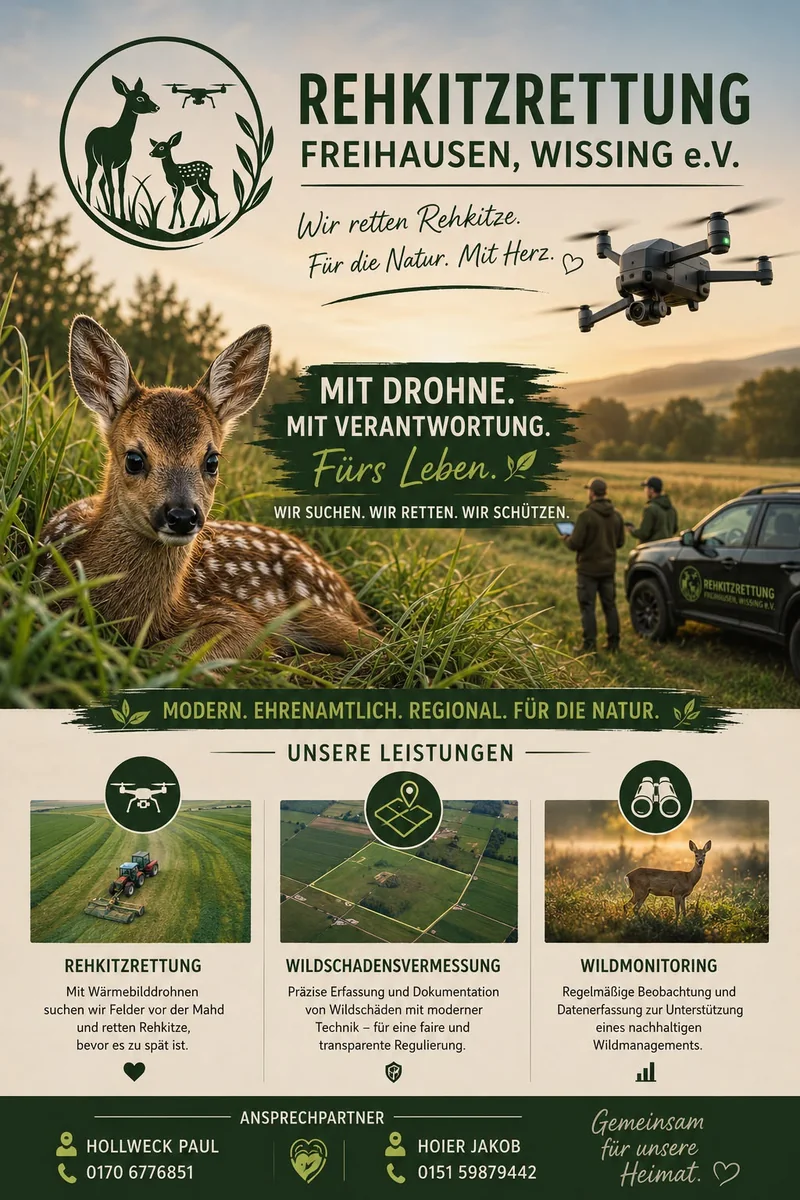 Association flyer for Rehkitzrettung Freihausen, Wissing e. V., with contact people and services