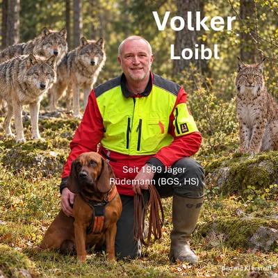 KI-erstellte Darstellung von Volker Loibl mit Schweißhund, Wölfen und Luchs.