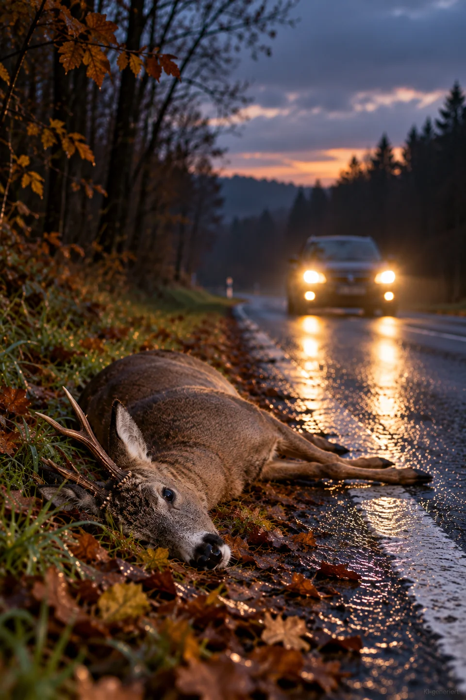 Illustration of a wildlife collision at a woodland edge at dusk